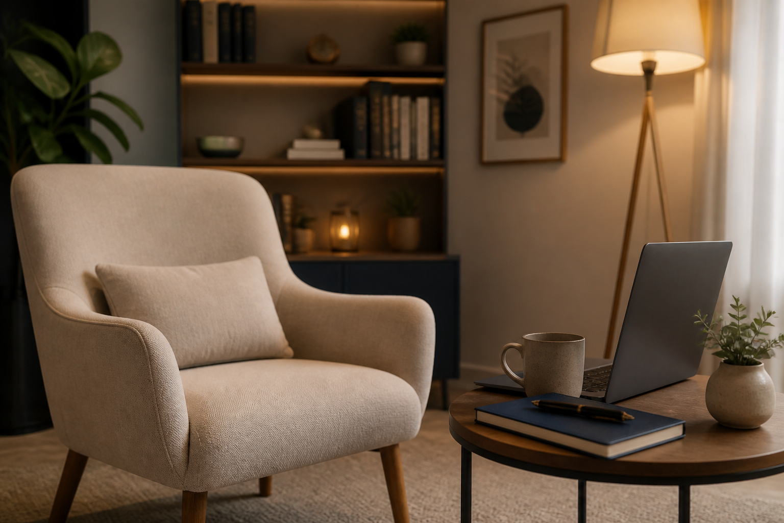 Ambiente acolhedor para psicoterapia presencial e online
